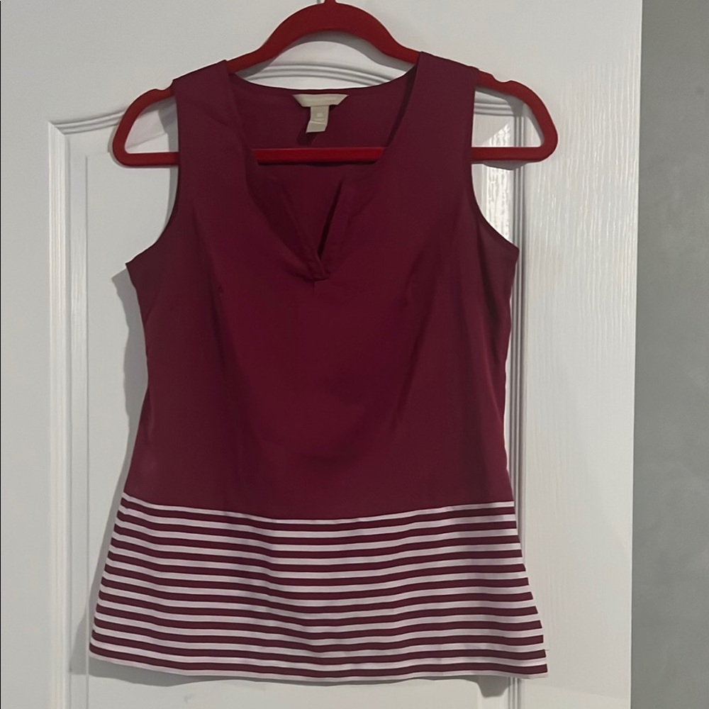 Banana Republic Sleeveless Burgundy Top with Striped Hem